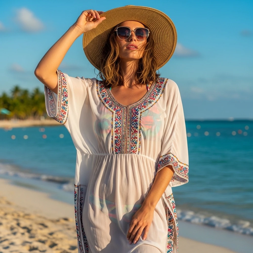 Sheer Kaftan Over Bikini With Straw Hat