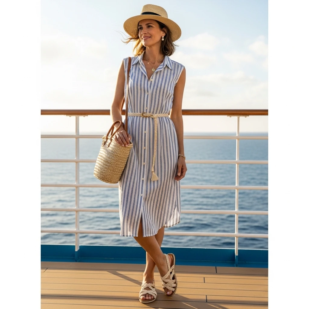 Sleeveless Shirt Dress With Woven Sandals