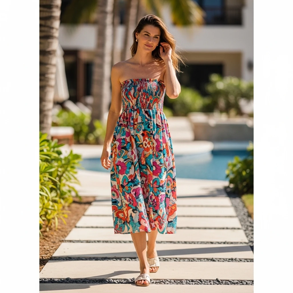 Strapless Smocked Dress With Slides