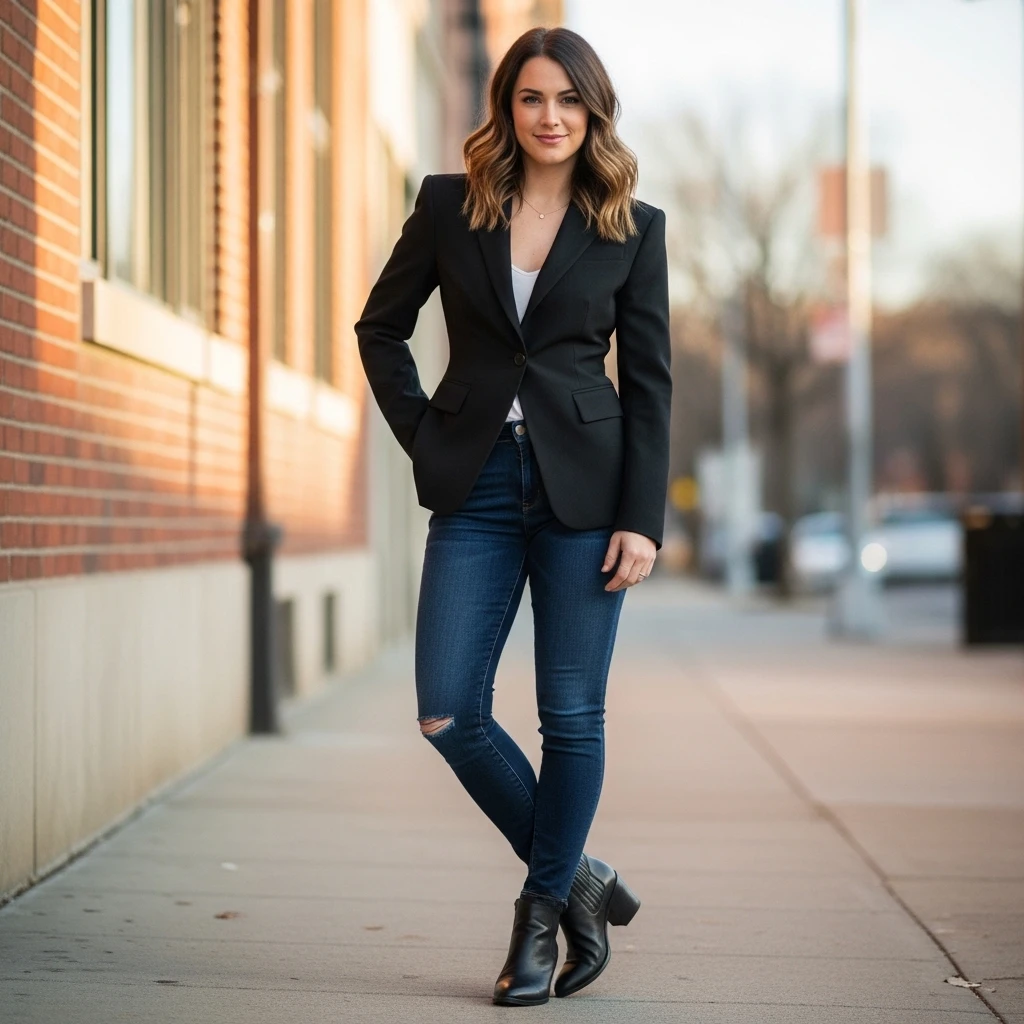 Structured Blazer With Dark Denim And Leather Boots