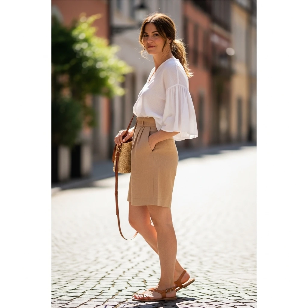 Tailored Shorts With Relaxed Blouse And Sandals