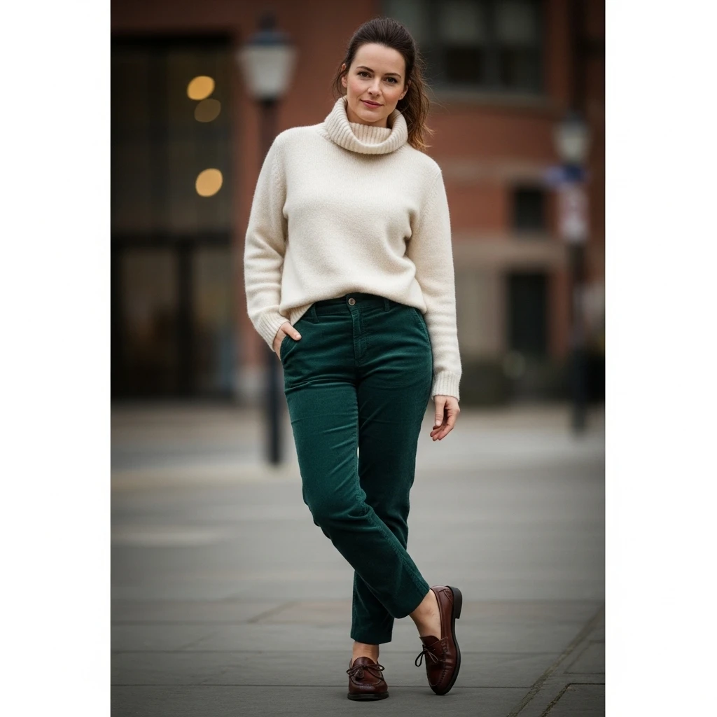 Turtleneck With Corduroy Pants And Loafers