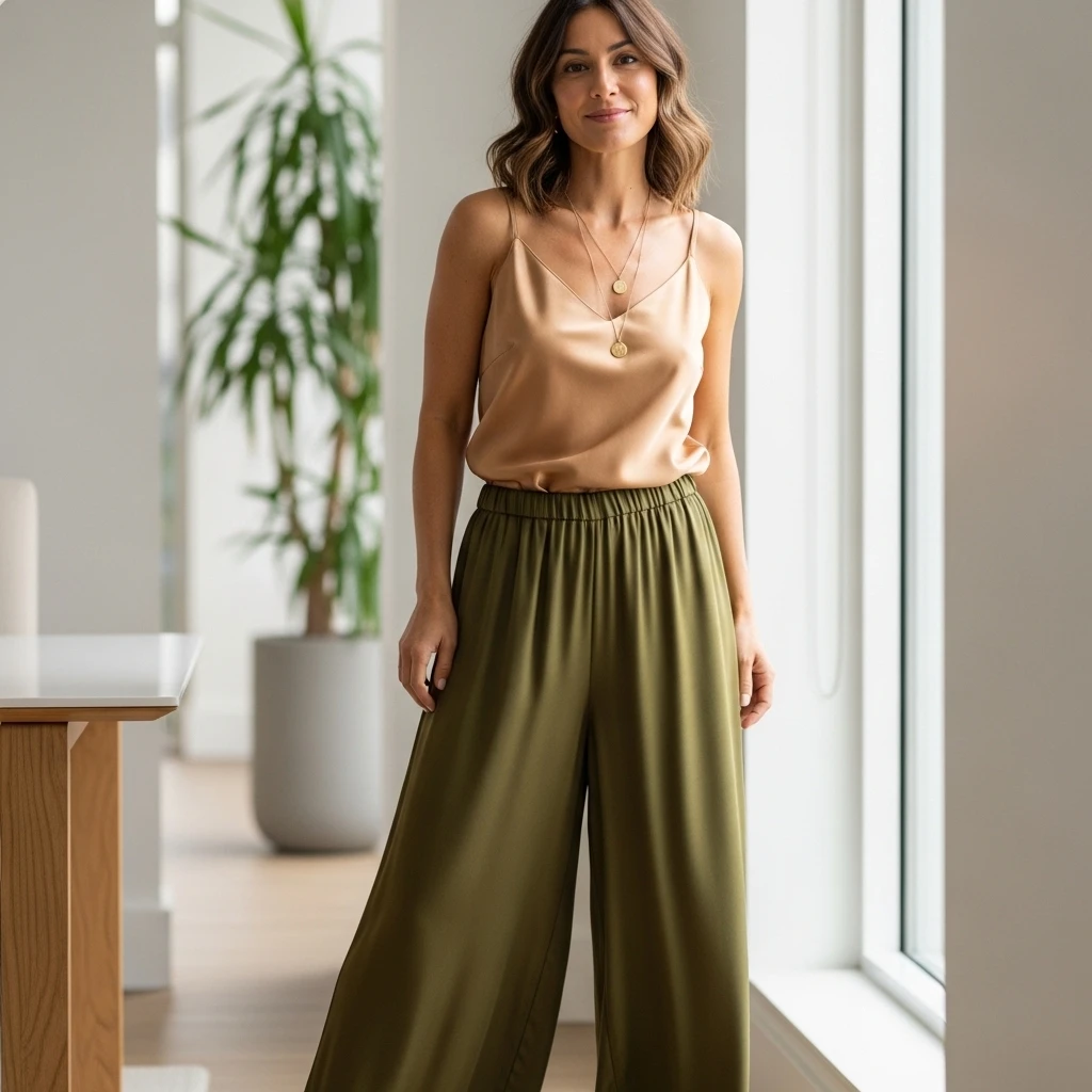 Wide-Leg Palazzo Pants With Silk Camisole