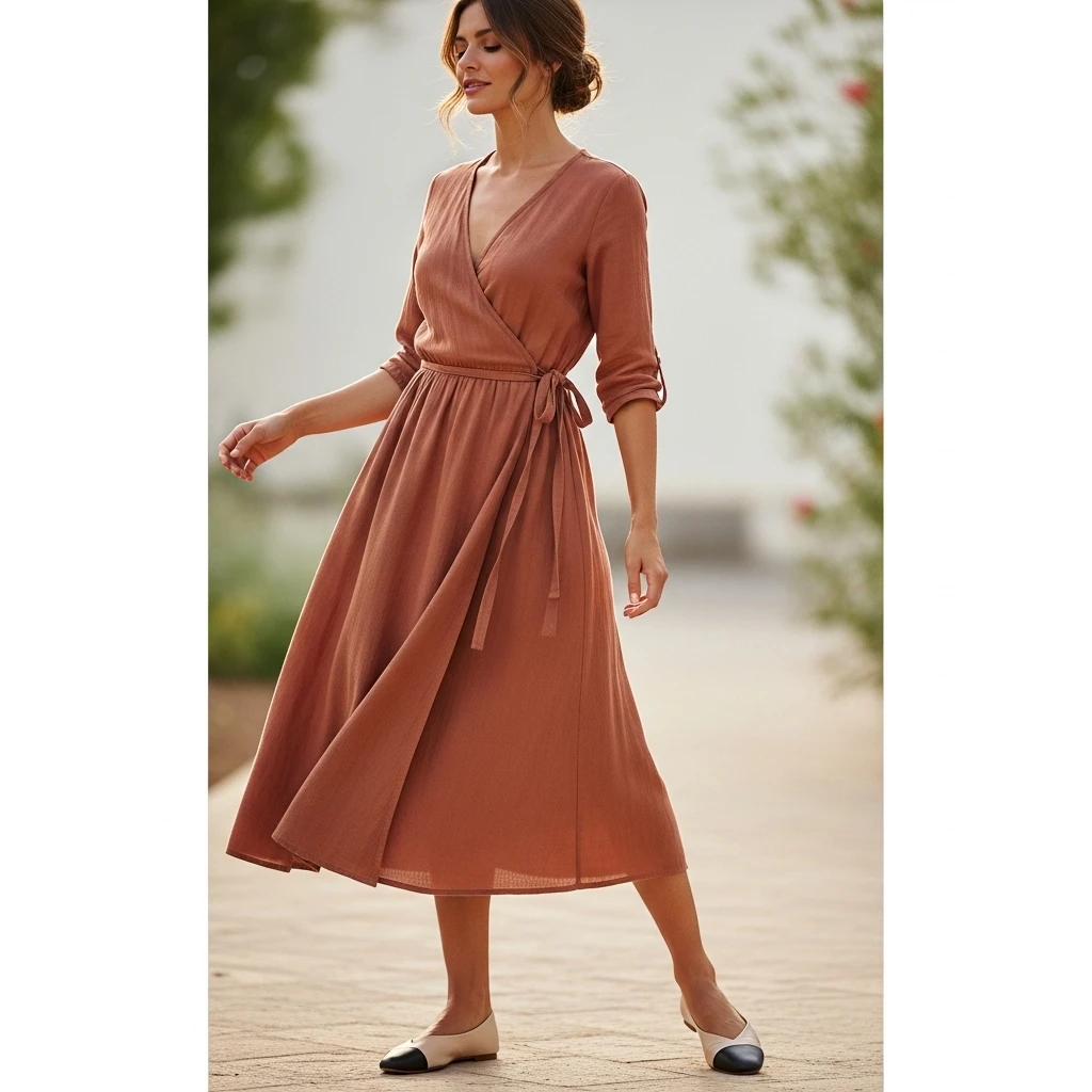 Wrap Dress With Minimalist Flats
