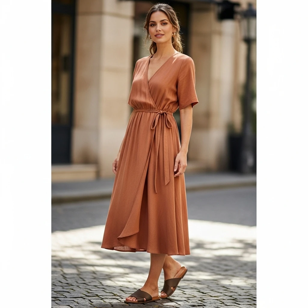 Wrap-Front Midi Dress With Leather Slides