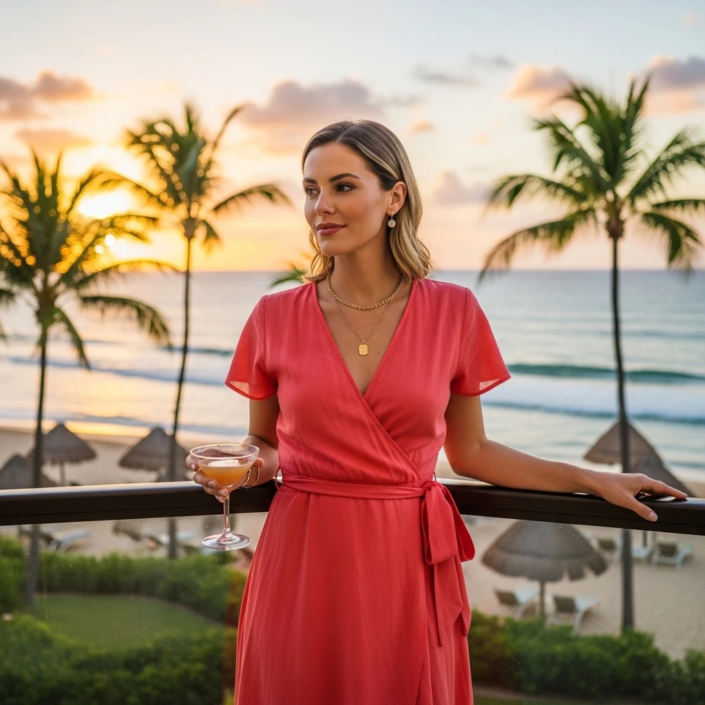 Wrap-Front Midi Dress With Minimal Jewelry