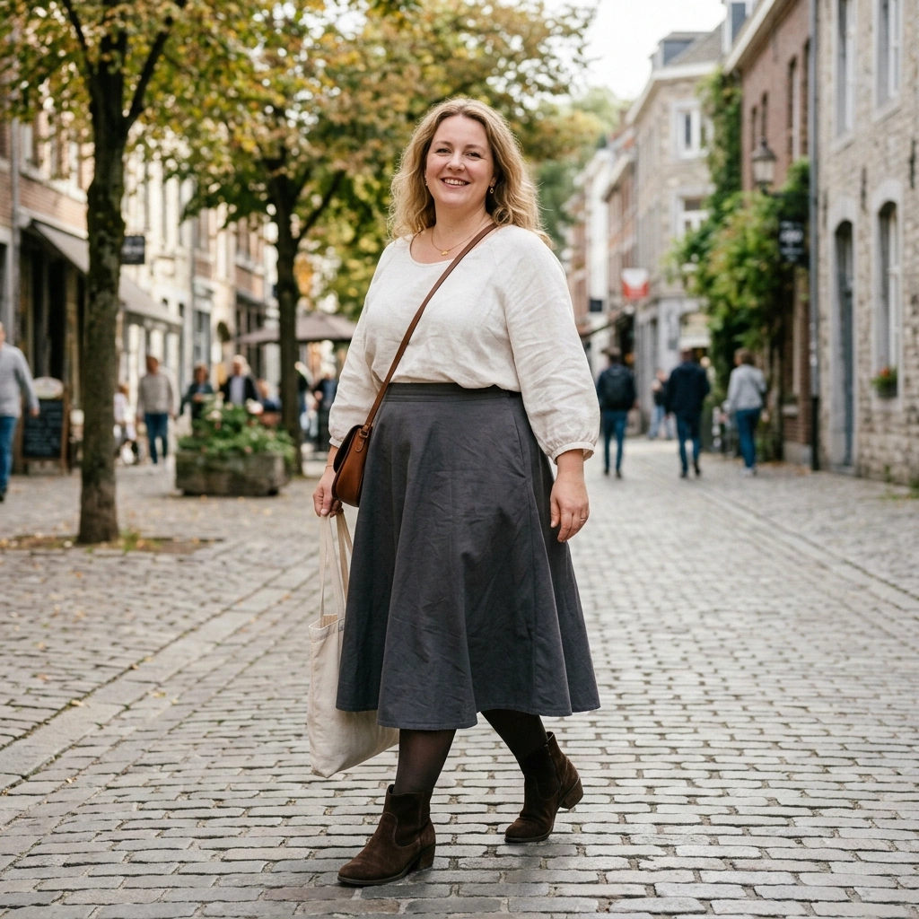 A Line Midi Skirt & Soft Blouse with Ankle Boots