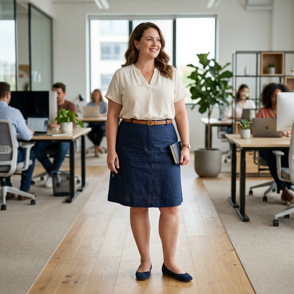 A Line Skirt & Tucked Blouse with Ballet Flats