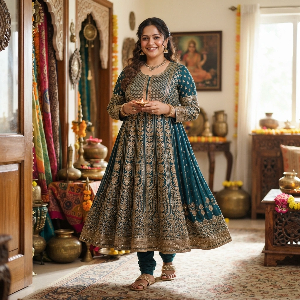 Anarkali Dress & Sandals with Traditional Jewelry
