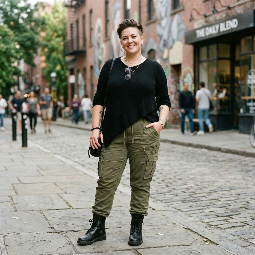 Asymmetric Top & Cargo Pants with Combat Boots