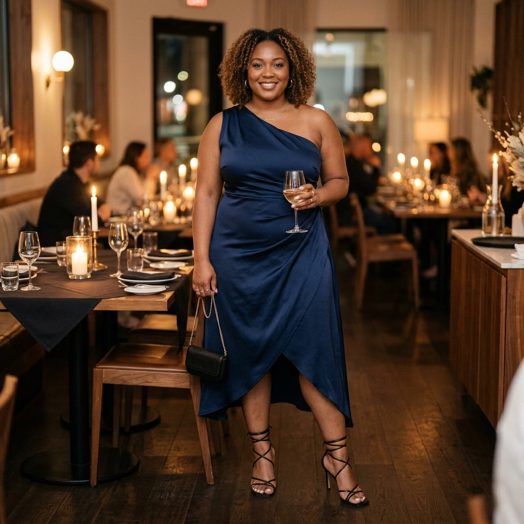 Asymmetrical Dress & Strappy Heels with a Mini Bag