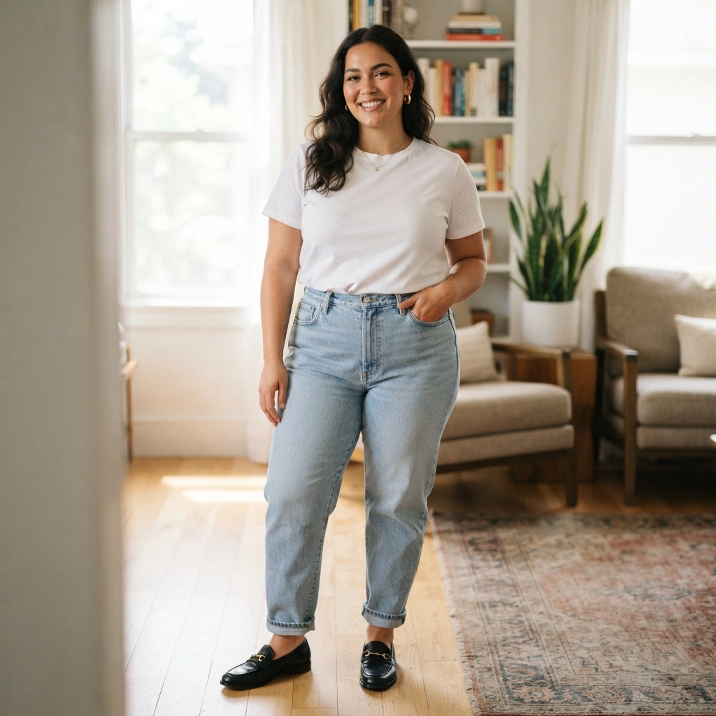 Basic Tee & Mom Jeans with Loafers
