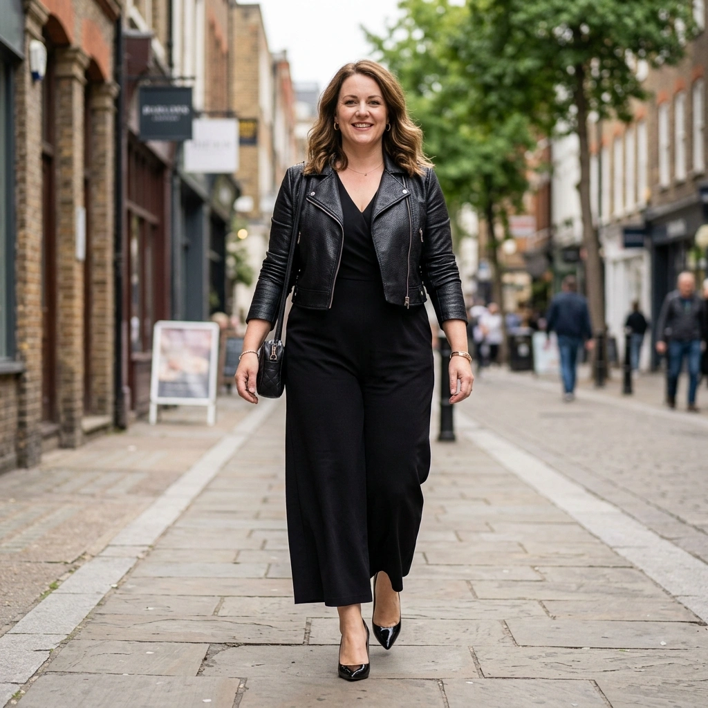 Black Jumpsuit & Cropped Jacket with Stilettos