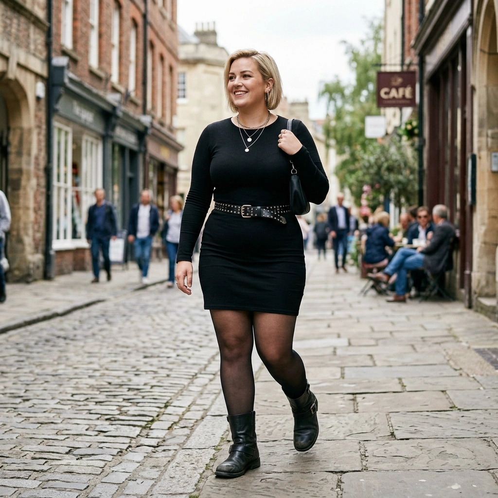 Black Mini Dress & Studded Belt with Ankle Boots