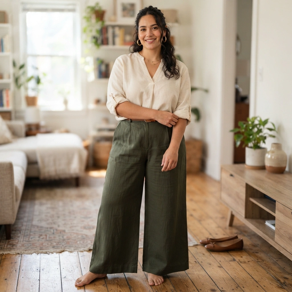Blouse & Wide-Leg Pants with Flats