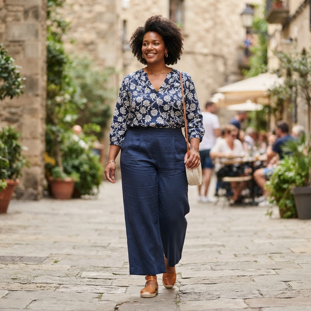 Blouse & Wide-Leg Pants with Flats