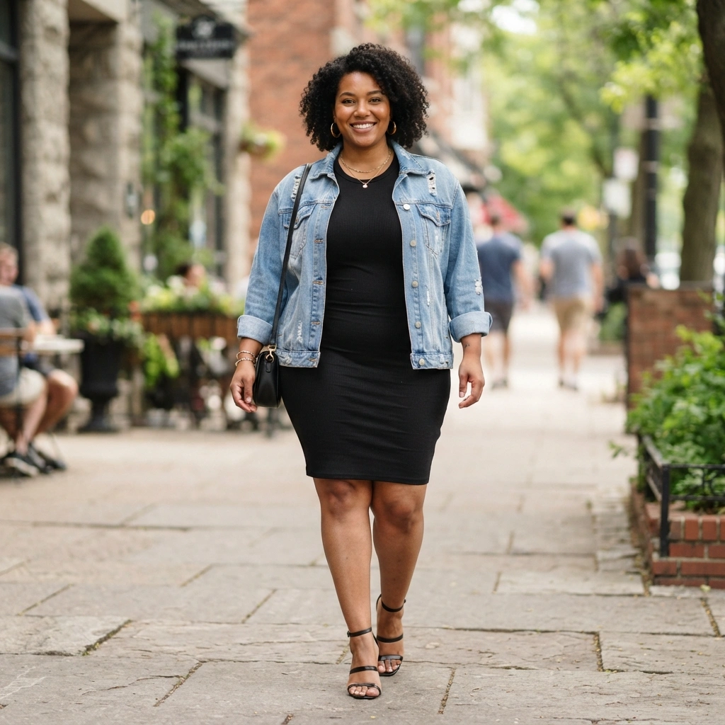 Bodycon Dress & Oversized Denim Jacket with Heels