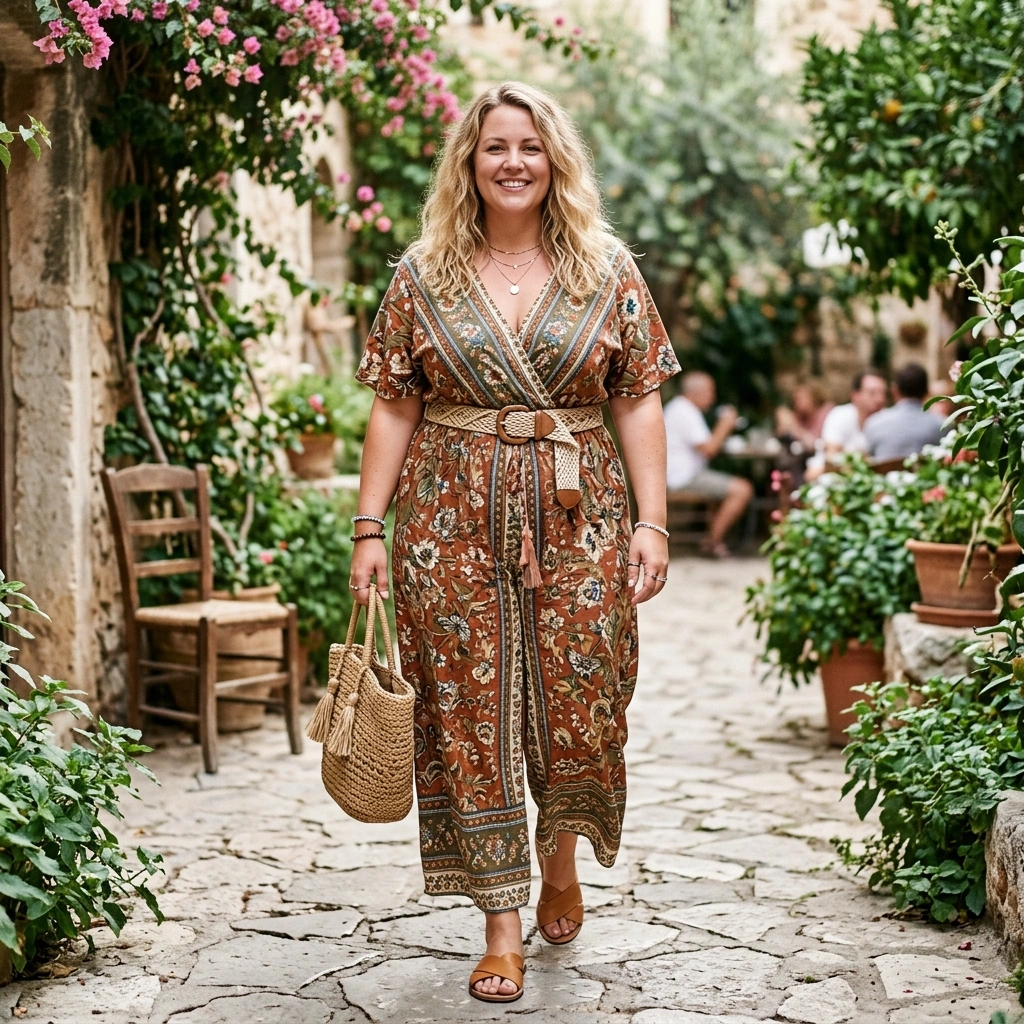 Boho Jumpsuit & Woven Belt with Flat Sandals