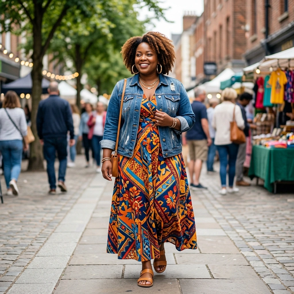 Bold Print Maxi Dress & Denim Jacket with Gold Hoops