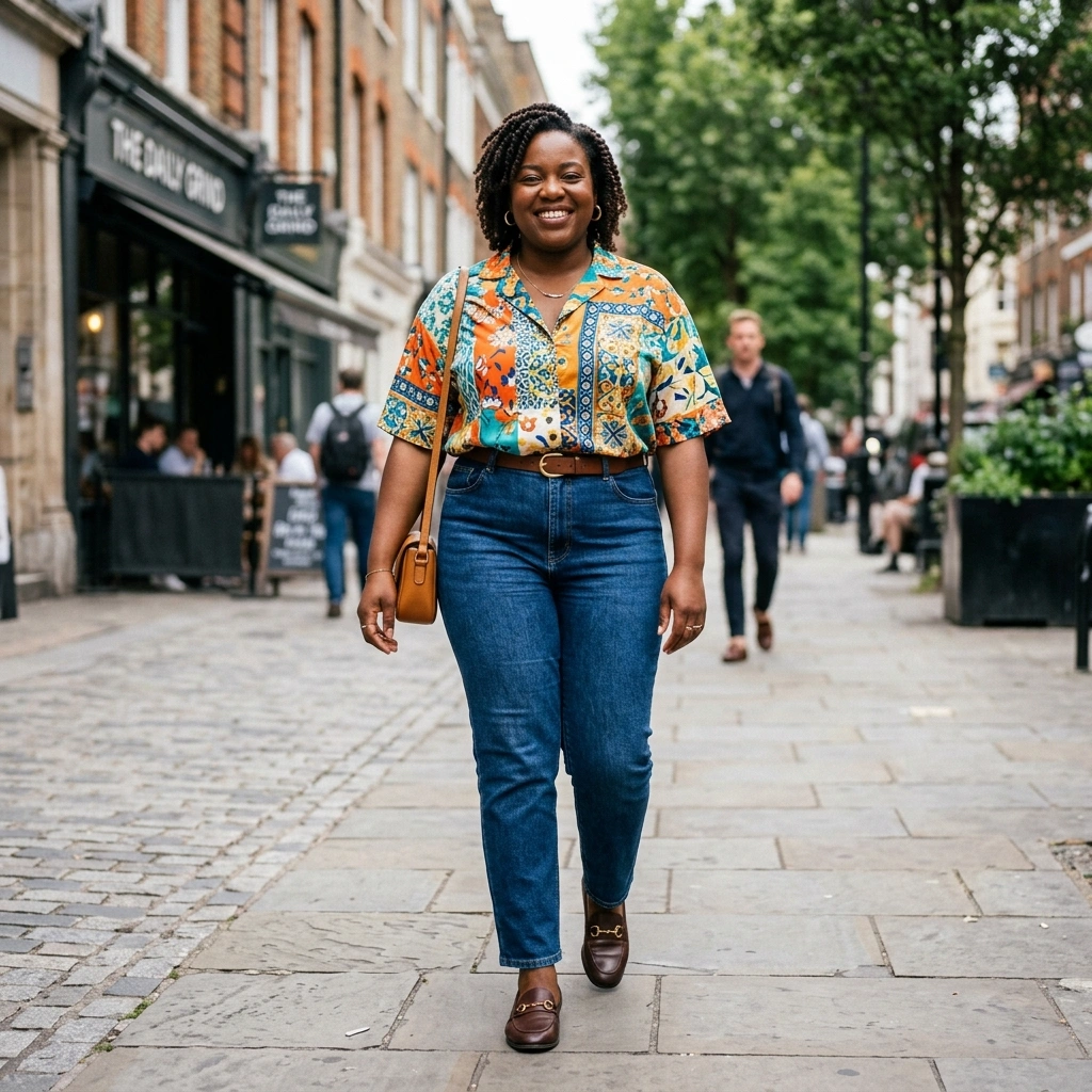 Bright Patterned Blouse & High-Waisted Jeans with Loafers