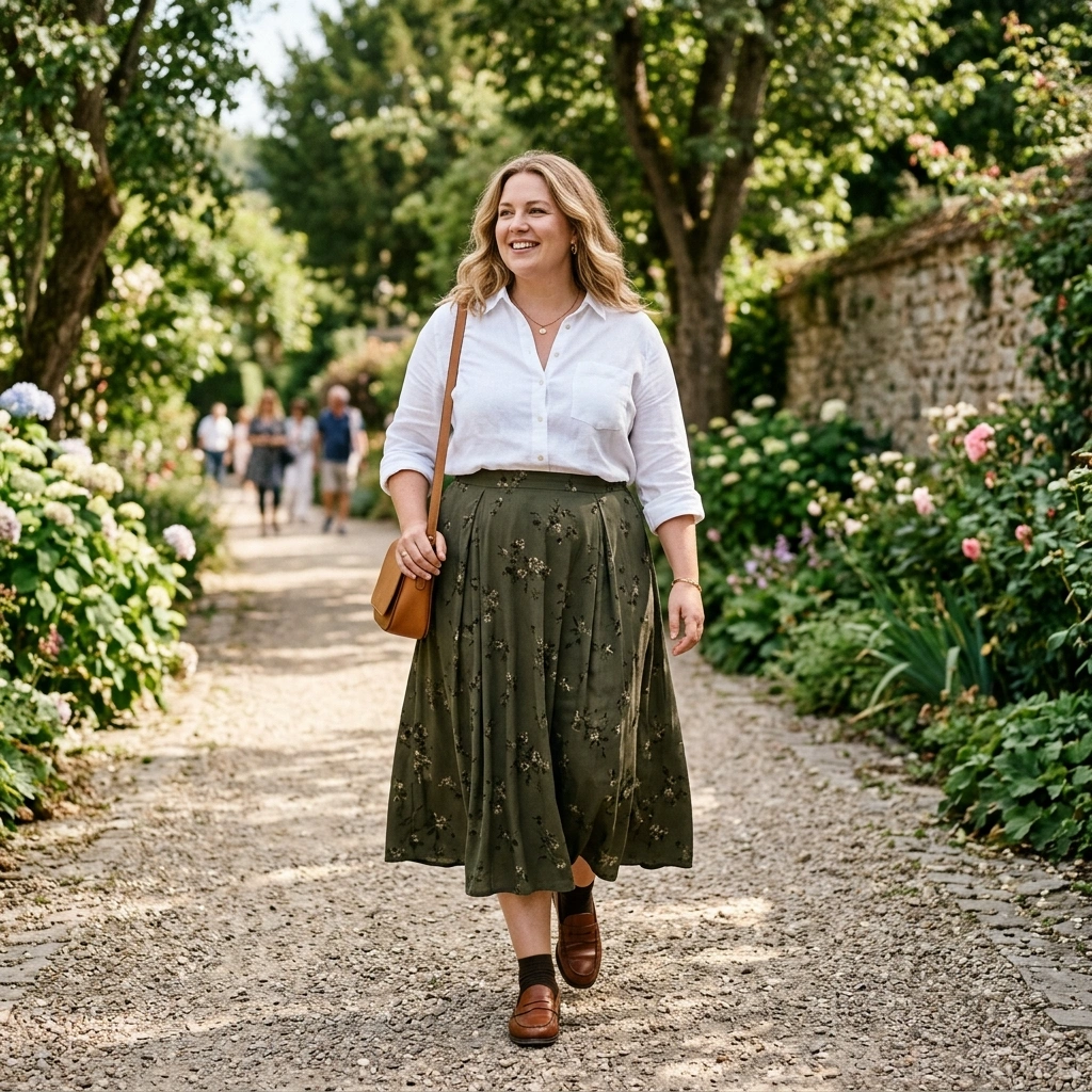 Button Down & Midi Skirt with Loafers