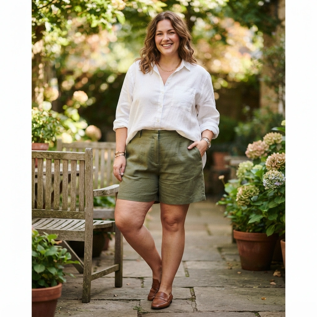 Button-Up Shirt & Linen Shorts with Loafers