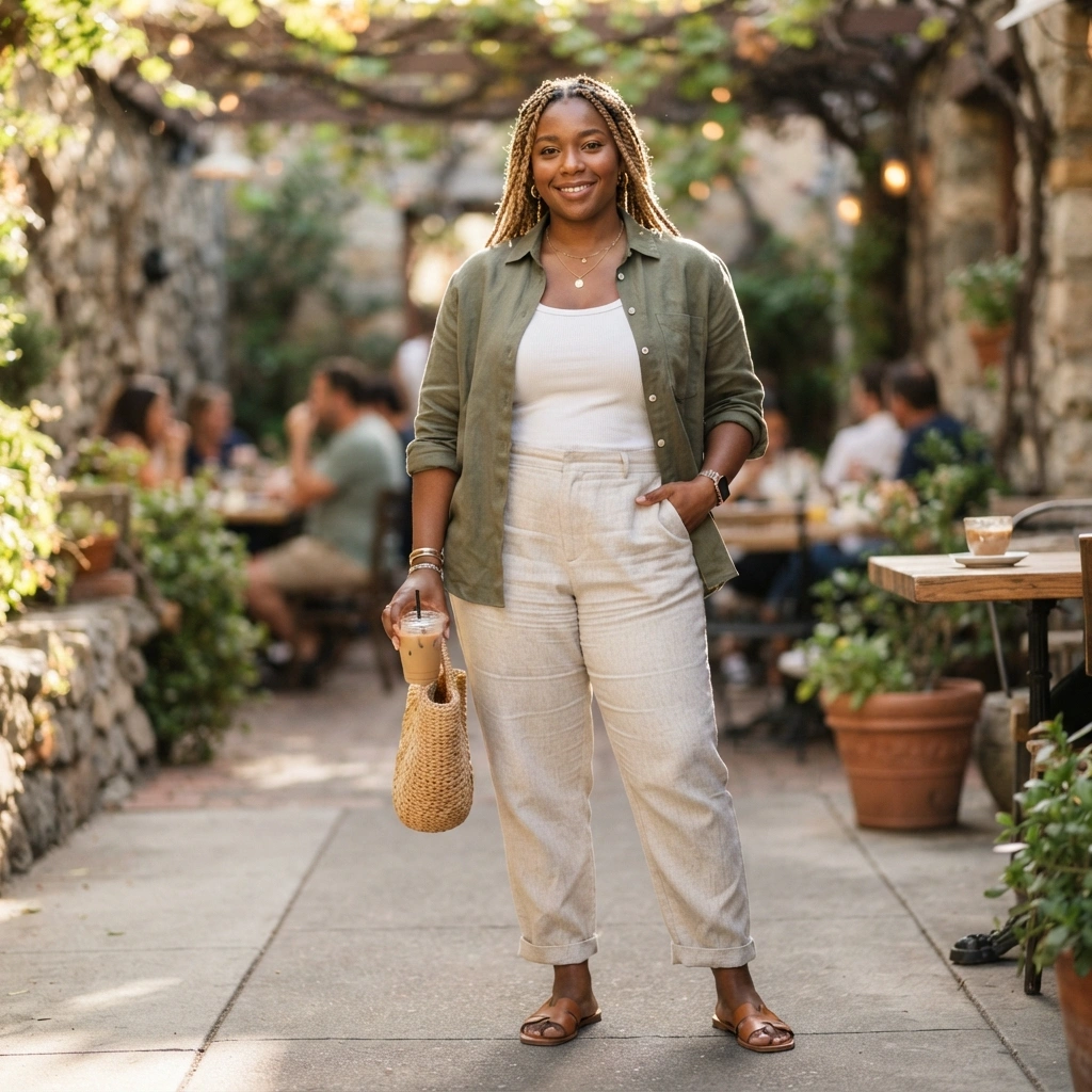 Button-Up Shirt and Linen Pants with Sandals