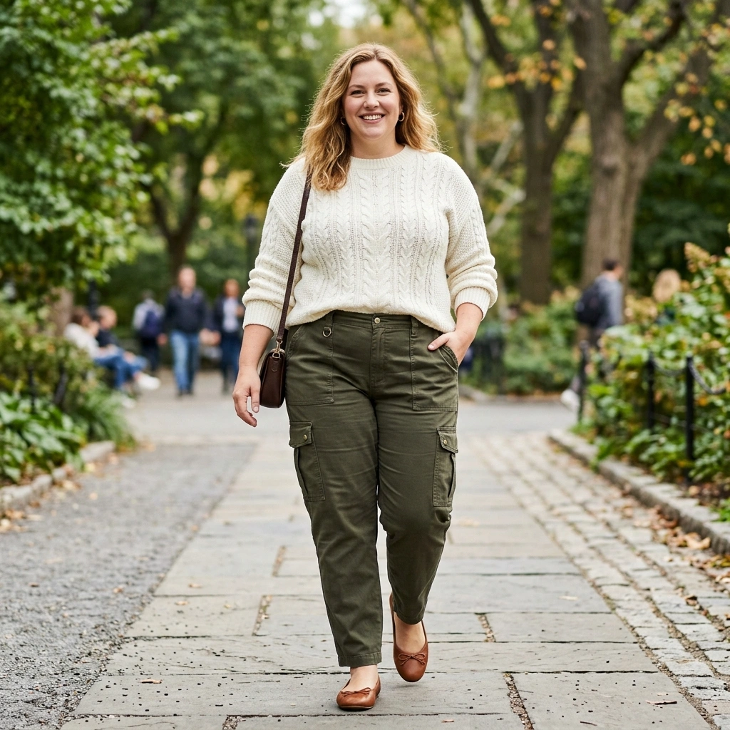 Cable Knit Top & Cargo Pants with Flats