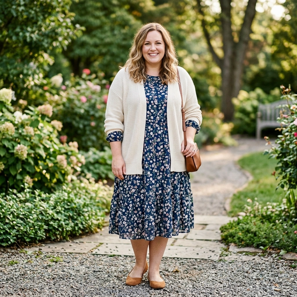 Cardigan & Flowy Dress with Ballet Flats