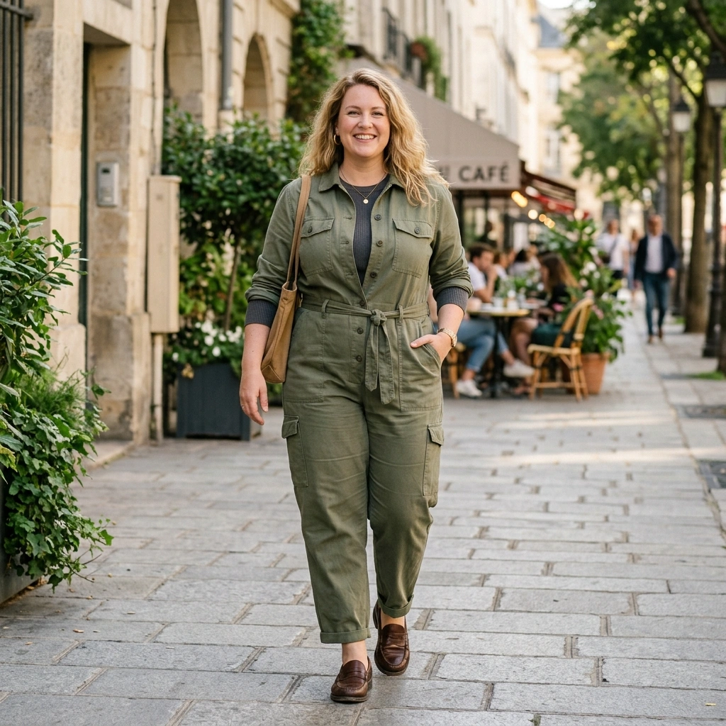 Cargo Jumpsuit & Fitted Top with Loafers