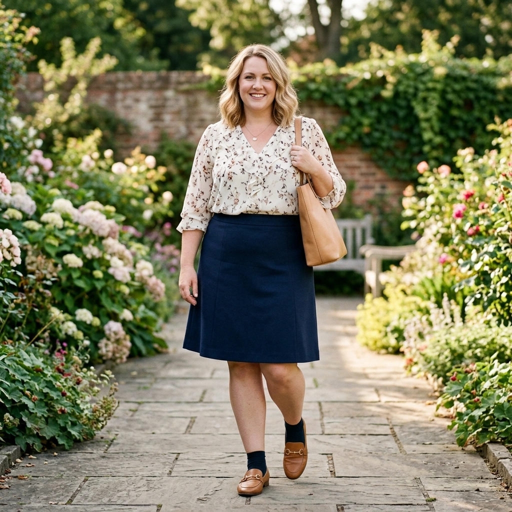 Chiffon Blouse & Tailored Skirt with Loafers