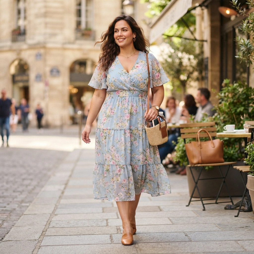 Chiffon Dress & Block Heels with a Handbag