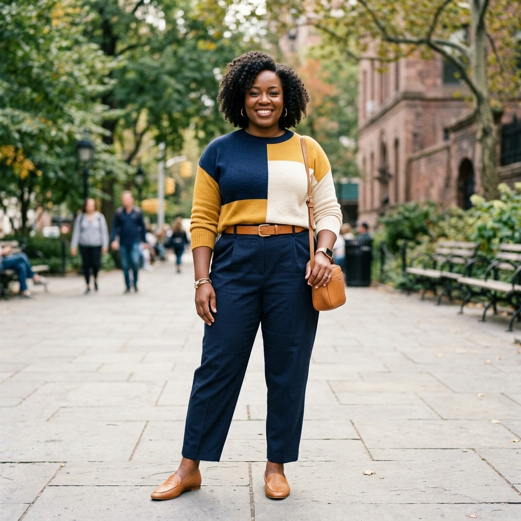 Color Blocked Sweater & Tailored Trousers with Flats