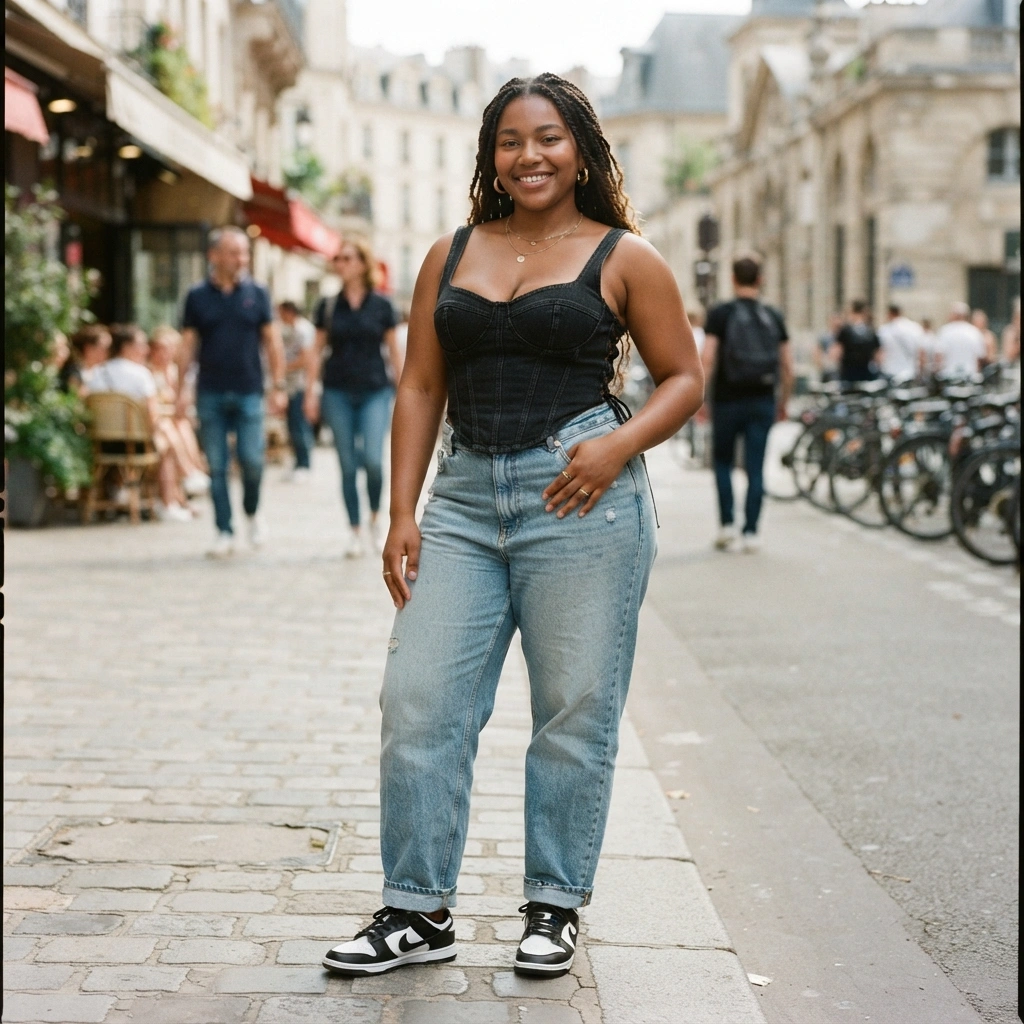 Corset Top & Baggy Jeans with Sneakers