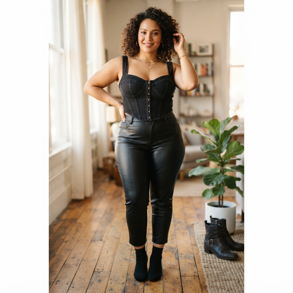 Corset Top & Leather Pants with Ankle Boots
