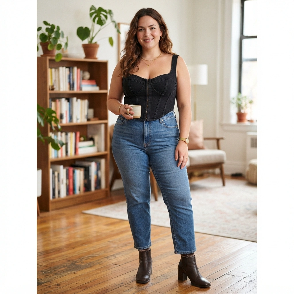 Corset Top & Straight-Leg Jeans with Heels