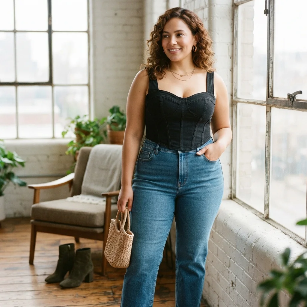 Corset Top & Straight-Leg Jeans with Heels