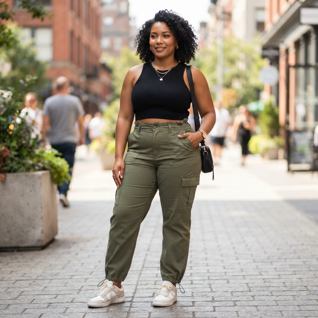 Crop Top & High-Waisted Cargo Pants with Sneakers