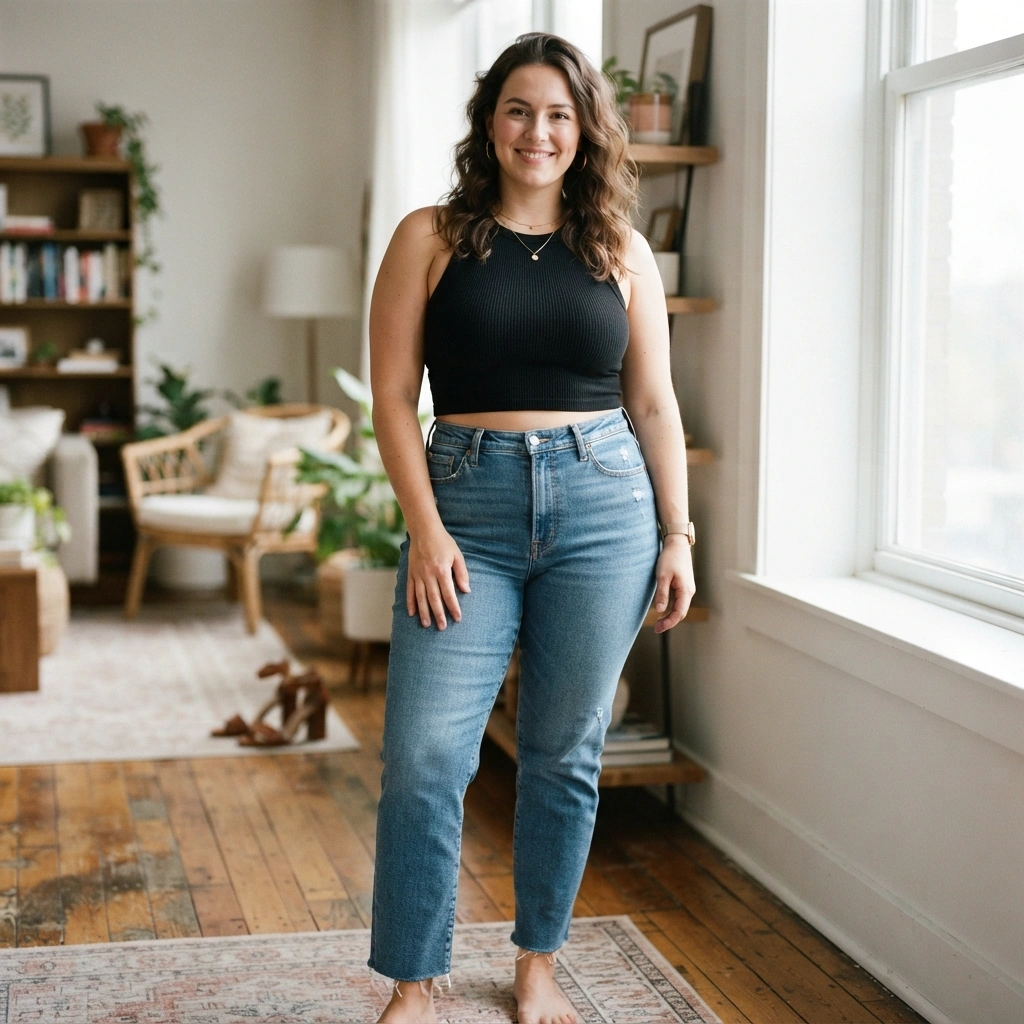 Crop Top & High-Waisted Jeans with Heels