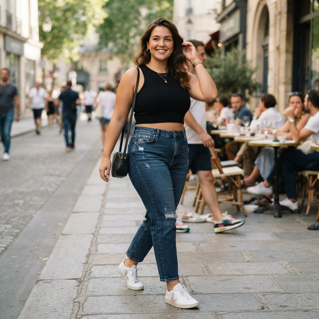 Crop Top & High-Waisted Jeans with Sneakers