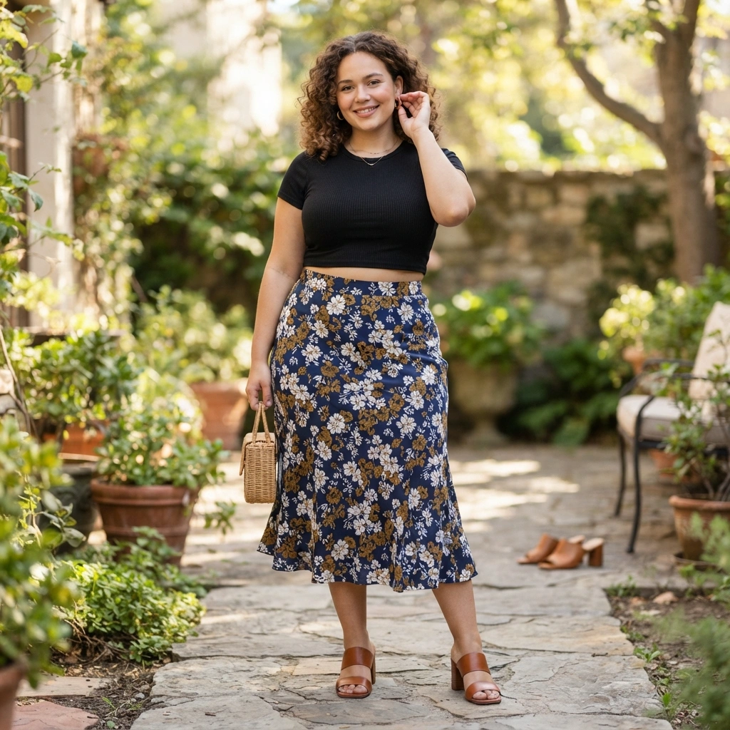 Crop Top & High-Waisted Skirt with Heels