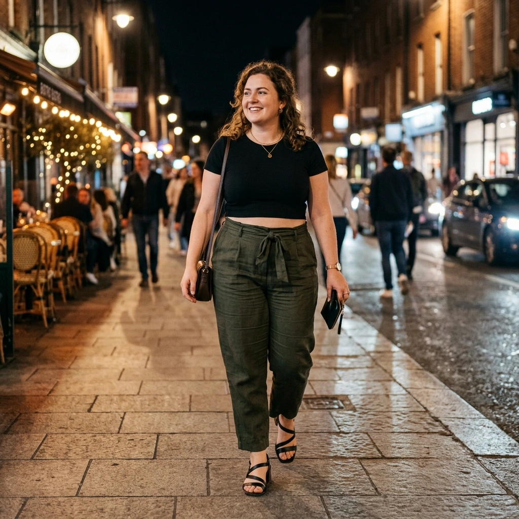 Crop Top & High Waisted Trousers with Strappy Sandals