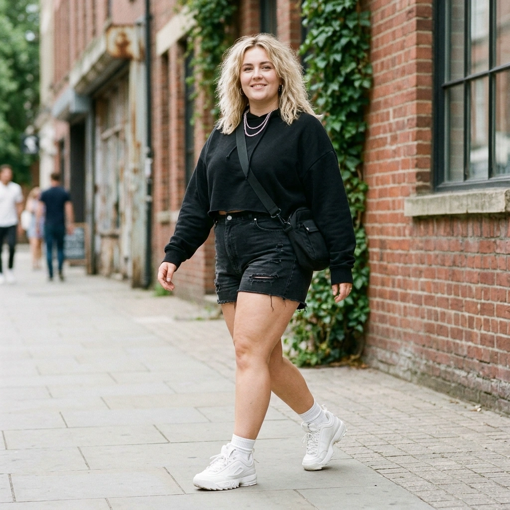Cropped Hoodie & High-Waisted Shorts with Sneakers