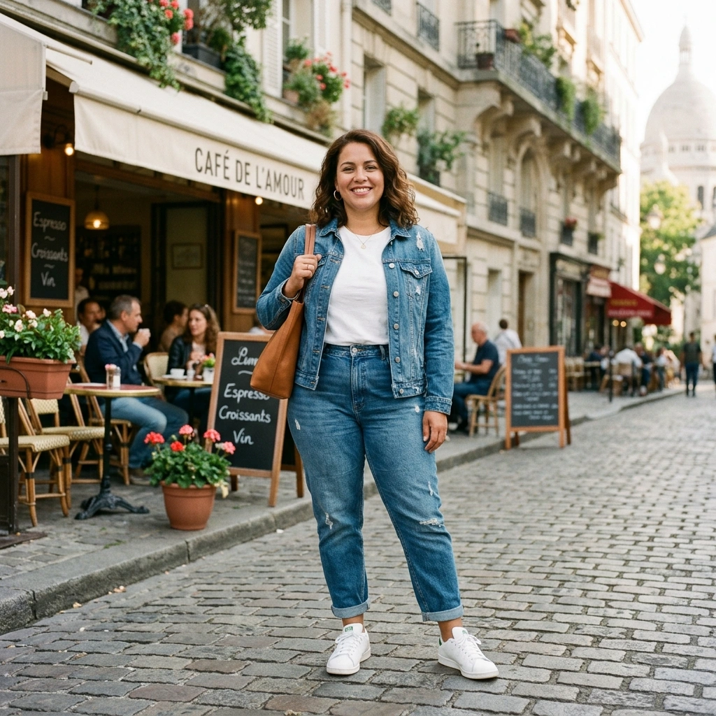 Denim Jacket & Basic Tee with Mom Jeans & Sneakers