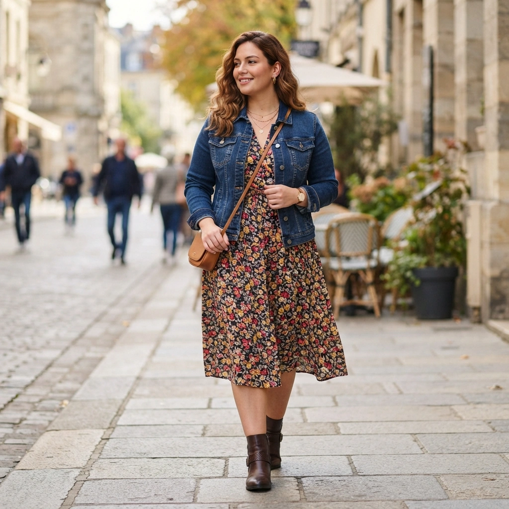 Denim Jacket & Floral Dress with Ankle Boots