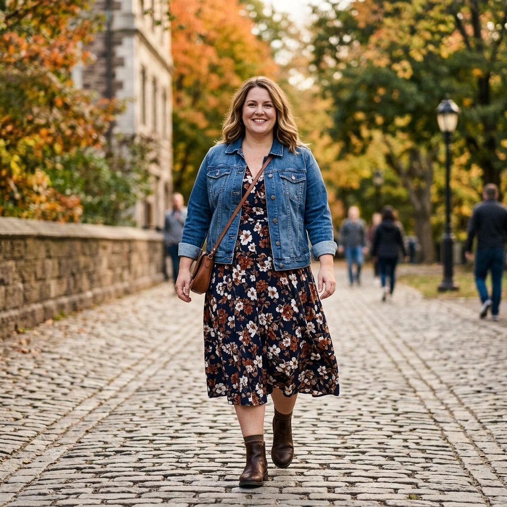 Denim Jacket & Midi Dress with Ankle Boots