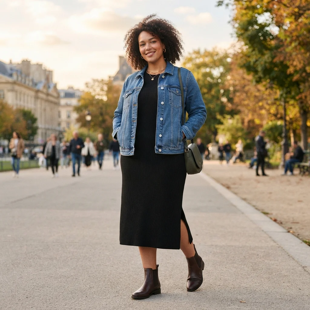 Denim Jacket & Midi Dress with Ankle Boots