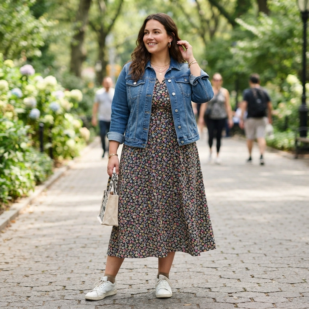 Denim Jacket & Midi Dress with Sneakers