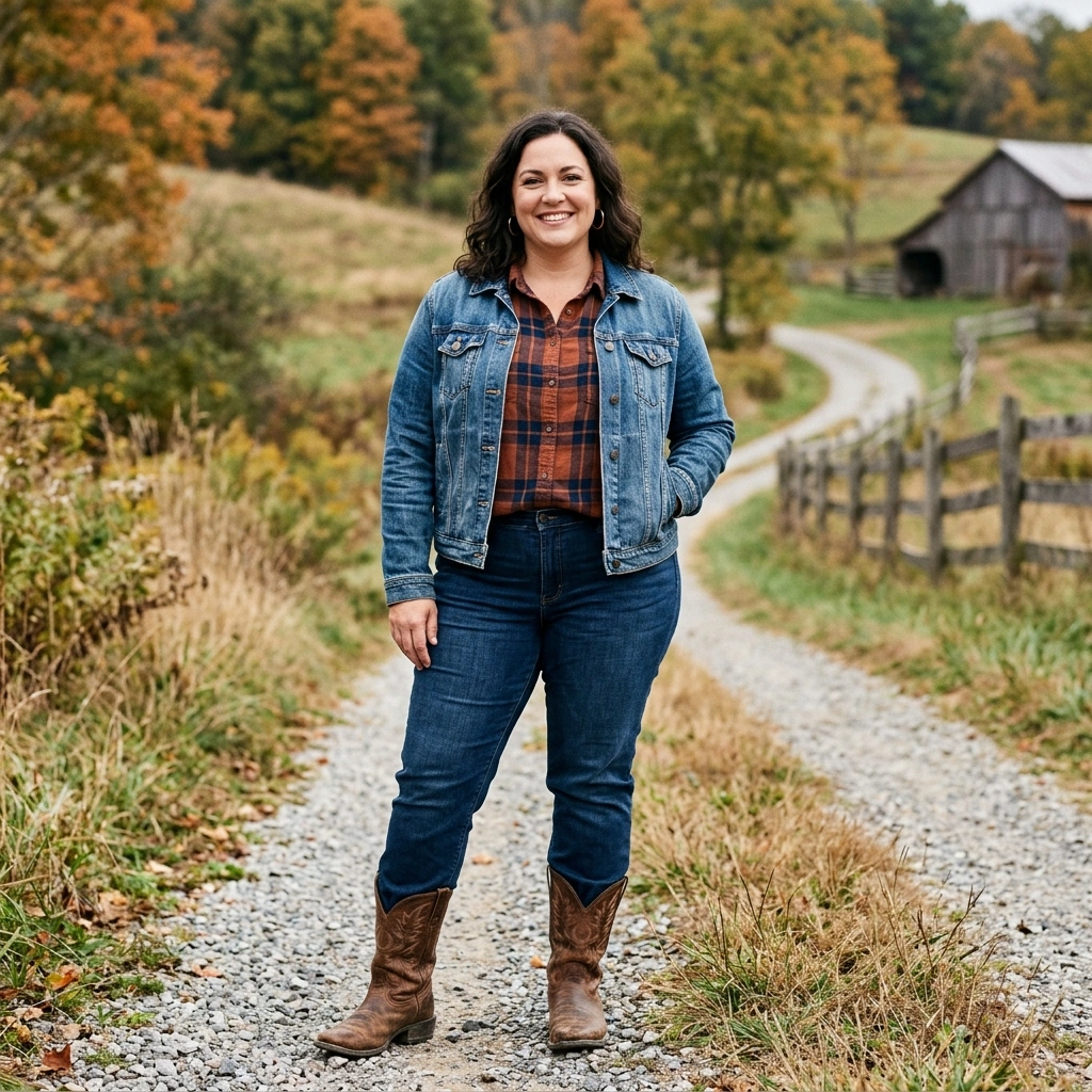 Denim Jacket & Plaid Shirt with Cowboy Boots