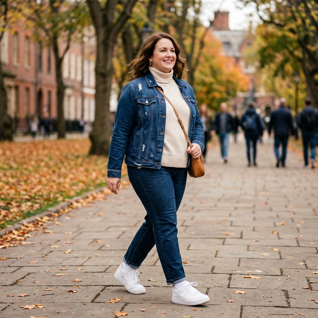 Denim Jacket & Soft Turtleneck with Sneakers